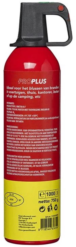 Rode PROPLUS spuitbus van 750 ml, ideaal voor branden in voertuigen, thuis of op de camping. Met gebruiksaanwijzing en specificaties.