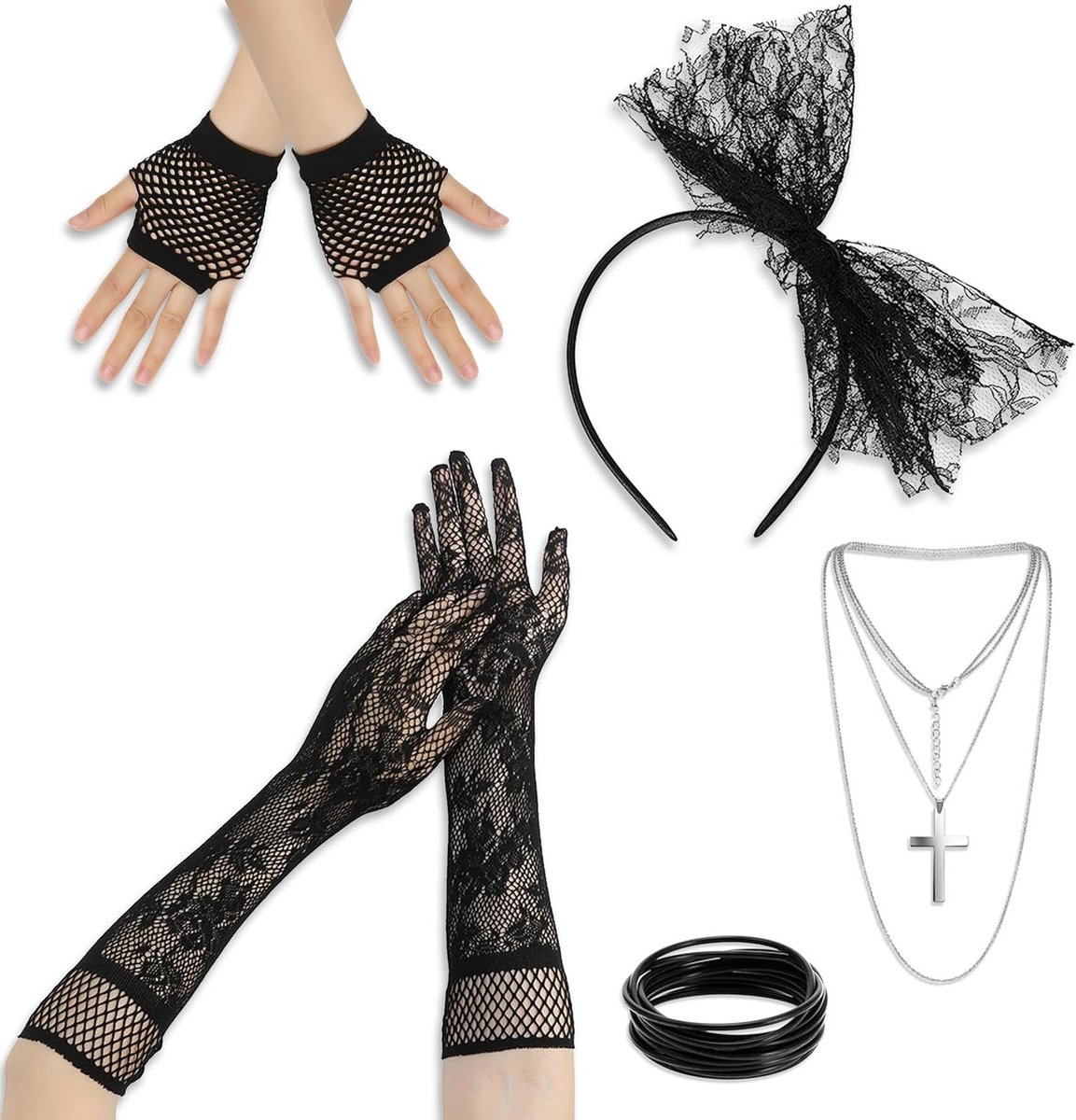Retro 80s Kostuum Accessoires Set voor Vrouwen - Haarband, Armband, Handschoenen, Oorbellen en Ketting voor Feest en Carnaval