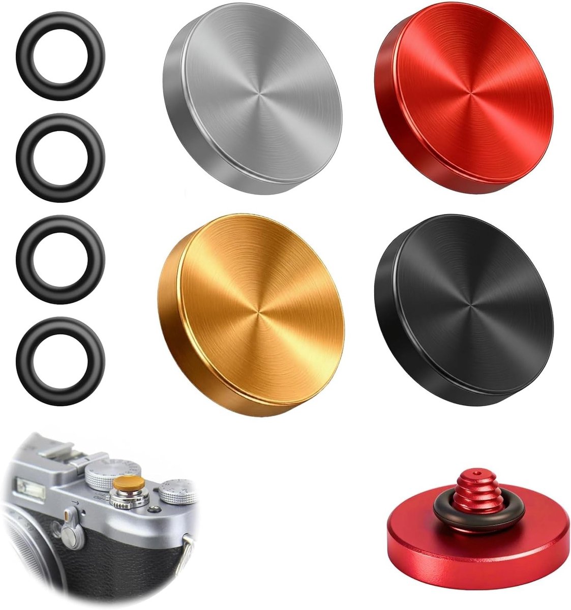 Set van 4 zachte ontspanknoppen voor camera, universele knoppen met concave oppervlakte en 4 rubberen O-ringen, geschikt voor Fuji X100, Hasselblad en Canon, verbeter je fotografie ervaring met kleurkeuzes zoals rood, zwart, goud en zilver