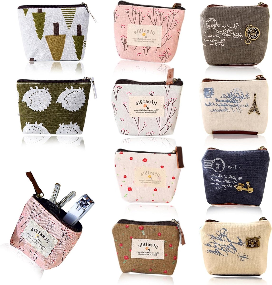 Mini Canvas Portemonnee Set van 10 Stuks, Kleine Tassen met Rits voor Vrouwen, Make-up Tas voor Kaarten, Munten en Sleutels