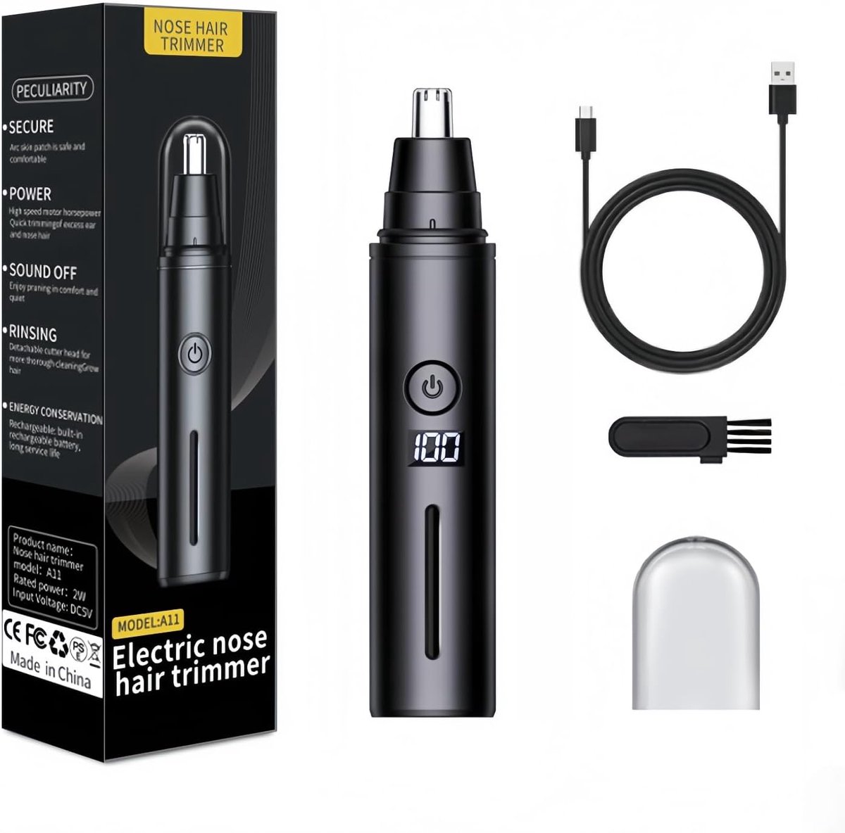 Oor- & Neustrimmer voor Dames & Heren met Afneembare Kop - Professionele Pijnloze USB Oplaadbare Neustrimmer - Krachtige Motor & Wasbare Messen - Zwart - 1 Stuk