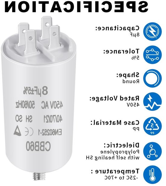Motorstartcondensator 8μF 450V CBB60 voor elektrische motoren en zwembadpompen, ideaal voor 50/60 Hz toepassingen, betrouwbare capaciteiten en plug-in ontwerp van Merkloos — afbeelding 2