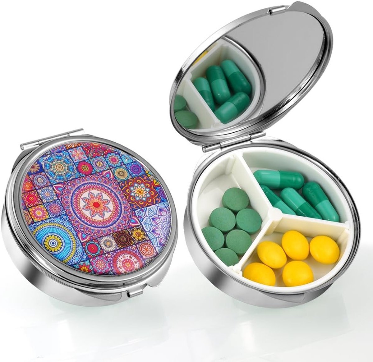 Pillendoos Organizer met 3 Compartimenten, Draagbare Medicijnopslag met Spiegel voor Vitaminen, Supplementen en Reismedicijnen