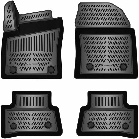 Set van vier zwarte 3D-automatten met een ribbelpatroon, een opstaande rand en bevestigingsclips.