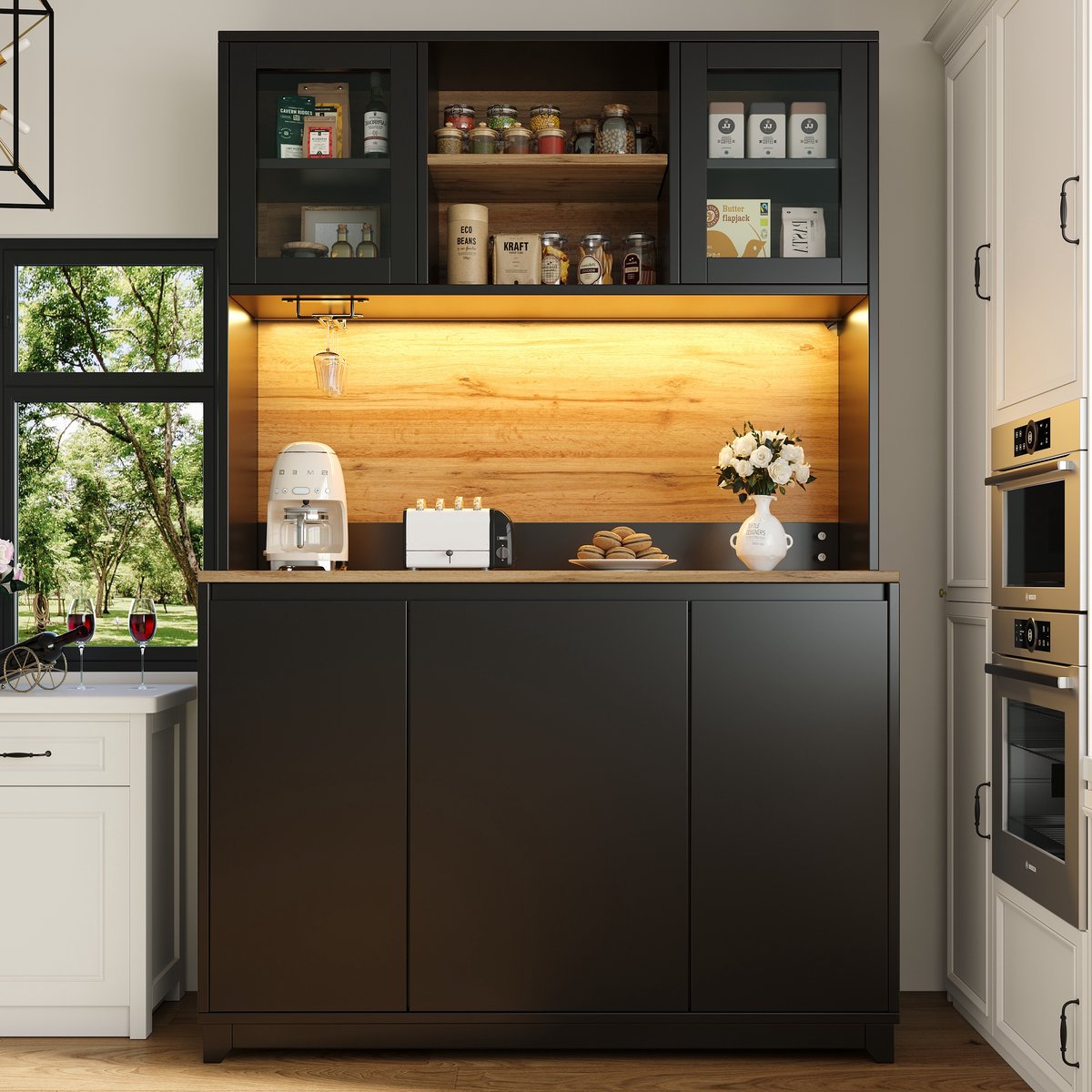 BLACKCOLORS Keukenkasten (120 × 40 × 180 cm), hoge bijzettafels voor de keuken, dressoirs, keukenkasten met acryldeuren en ledverlichting, zwart