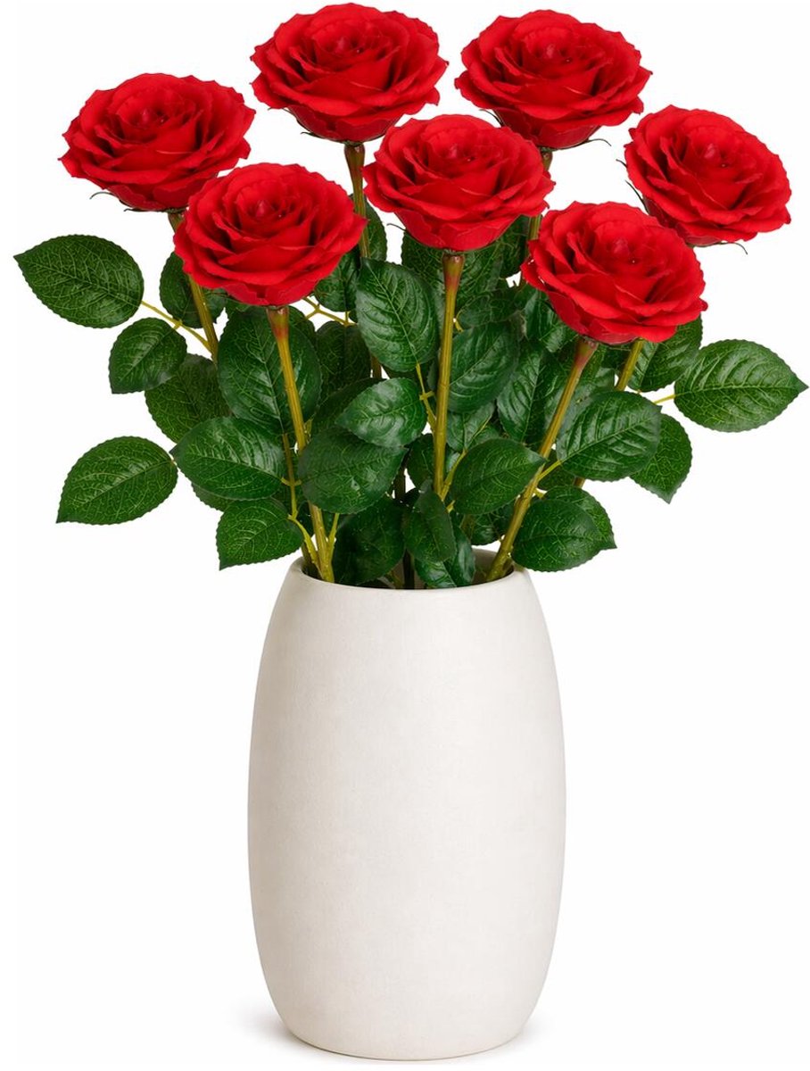 Mica Decorations Kunstbloem Roos Valentine - 8x - H59 cm - rood - kunststof - stelen kunstbloemen - boeket - rozen bloemetjes - Valentijnsdag