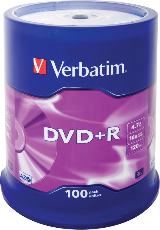 Verbatim DVD+R 100 pack spindel, paars met zilveren schijven.