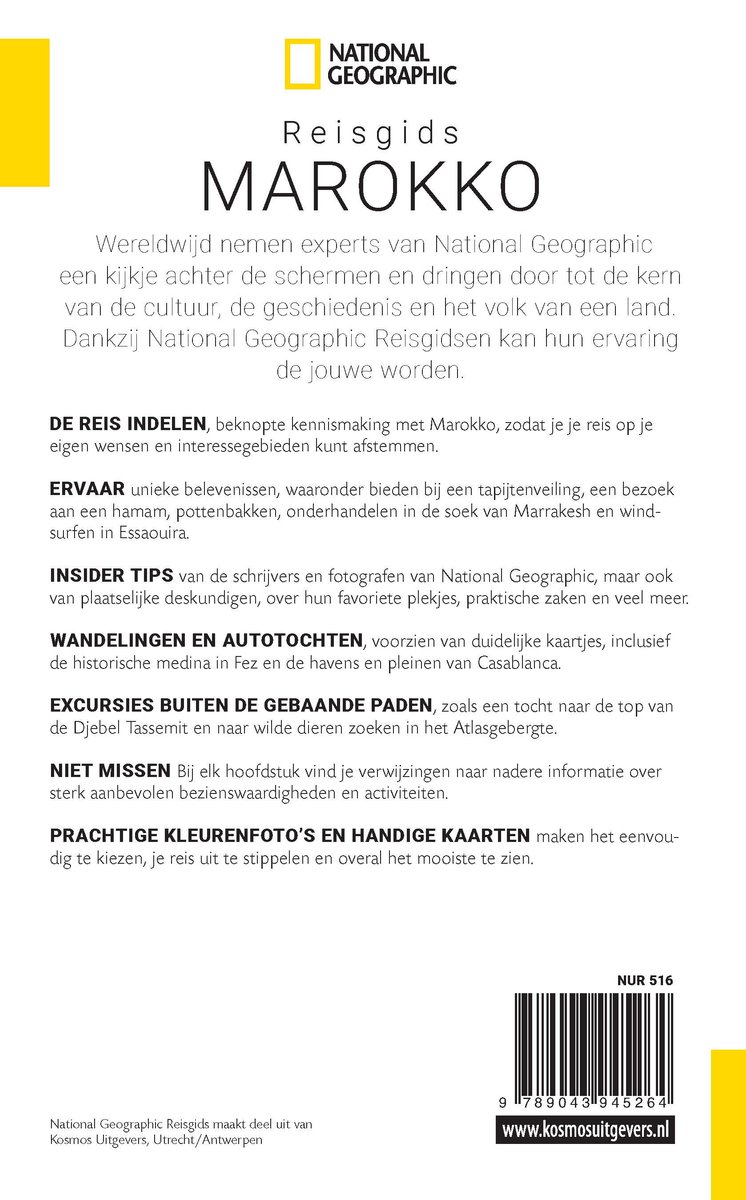 National Geographic Reisgids Marokko met een achterkant die inhoudsopgaven, beschrijvingen en een streepjescode bevat.
