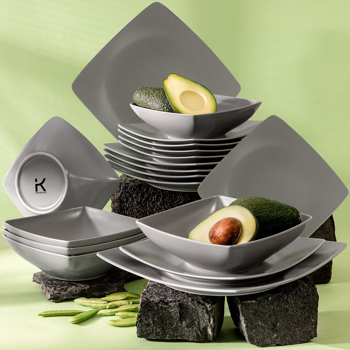 KONSIMO® EPIRI - 18 delig - 6 persoons - Keramiek - Dessertbord, Diepbord, Dinerbord - Grijs