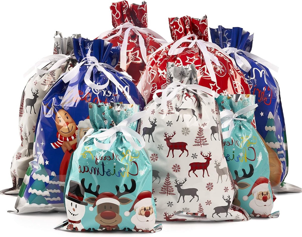 30 Trekkoord Cadeautassen XXL - Papieren Kerstcadeautassen voor Kleine en Grote Geschenken - 43x58cm, 38x15cm, 29x42cm & 24x32cm - Perfect voor Feestdagen en Verjaardagen