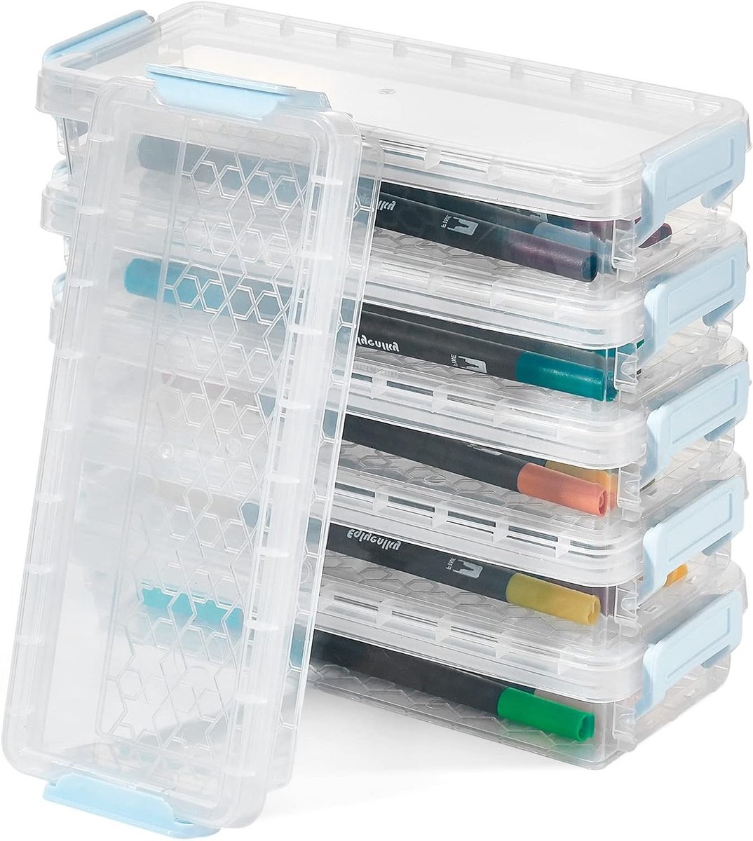 Stapelen Potlooddozen Set van 6, Heldere Plastic Opbergdozen voor Kantoorbenodigdheden, Tekenmaterialen en Verf Penselen met Grote Capaciteit