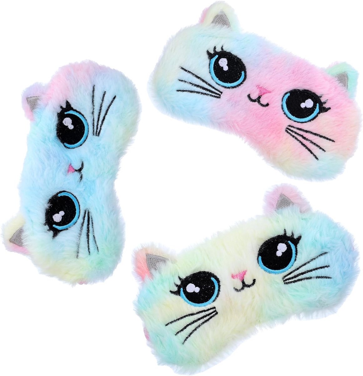 Schattig pluche dierenslaapmasker, 3 stuks grote ogen kat, comfortabele oogbedekking voor pyjamafeest, reizen en thuisgebruik, ideaal voor kinderen en volwassenen