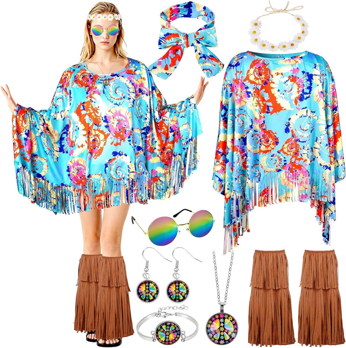Vrouwelijk Hippie Kostuum Set voor Carnaval en Disco Party - 9-delige Flower Power Outfit met Accessoires voor Cosplay en Themafeesten