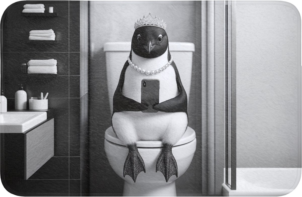 WC mat 60x40 cm - Antislip - Pinguïn - Telefoon - Toilet - Zwart - Wit - Toiletmat - Vloer