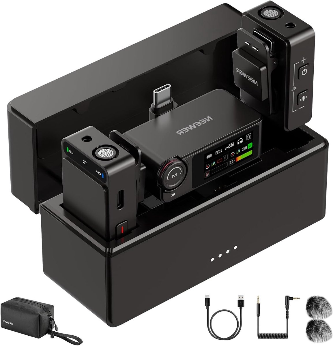 Draadloze Lavalier Microfoon met AI Geluidsreductie, 48 kHz, 8 GB Geheugen en 54 Uur Accuduur voor iPhone en Android