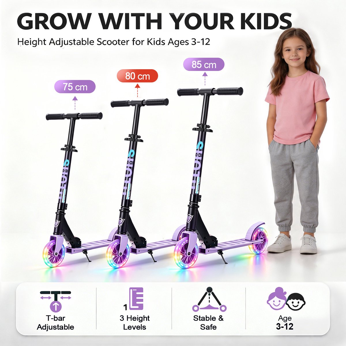 Suotu Kinderstep - 145mm Lichtgevende Wielen - Step - Speelgoed Jongens/Meisjes - Max stuurhoogte: 85 cm - Aluminium - Zwart/Paars — afbeelding 4