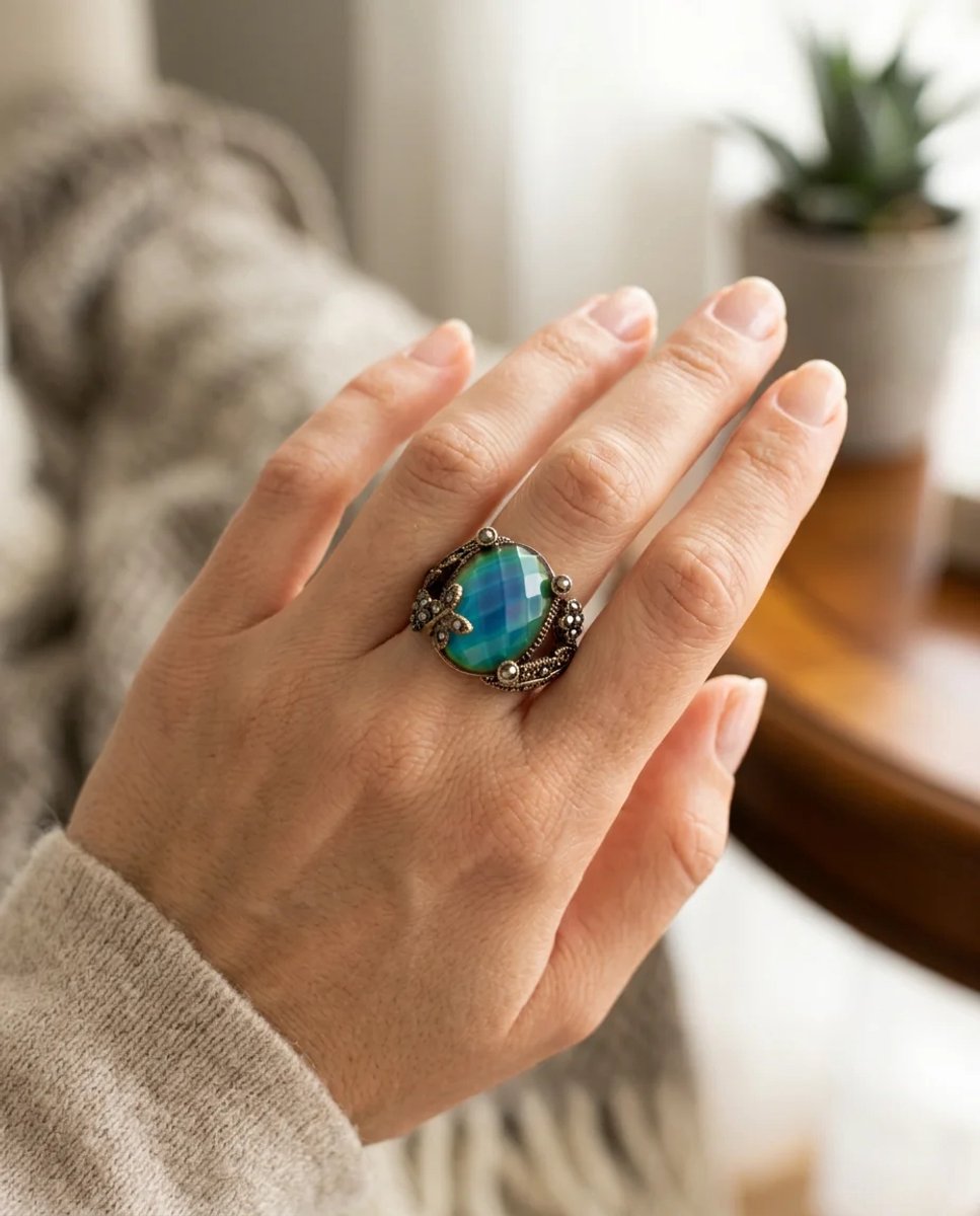 Dorvina Bronzen Dames Ring Antiek Sieraad Kleur Kleurveranderend His Steen Kelebekli Ovaal Verstelbaar Vintage Ring