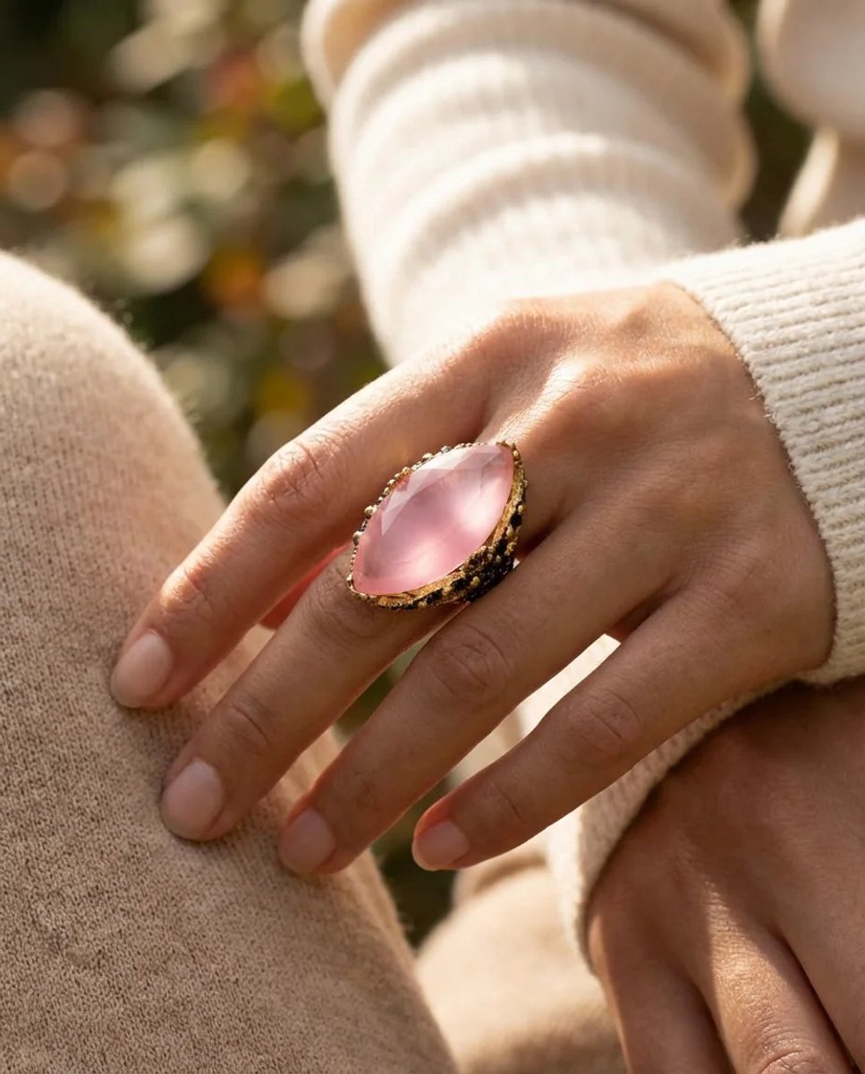 Dorvina Bronzen Sieraad Authentiek Pembe Kristallen Steen Kat Gozu Kesim Verstelbaar Vintage Dames Ring