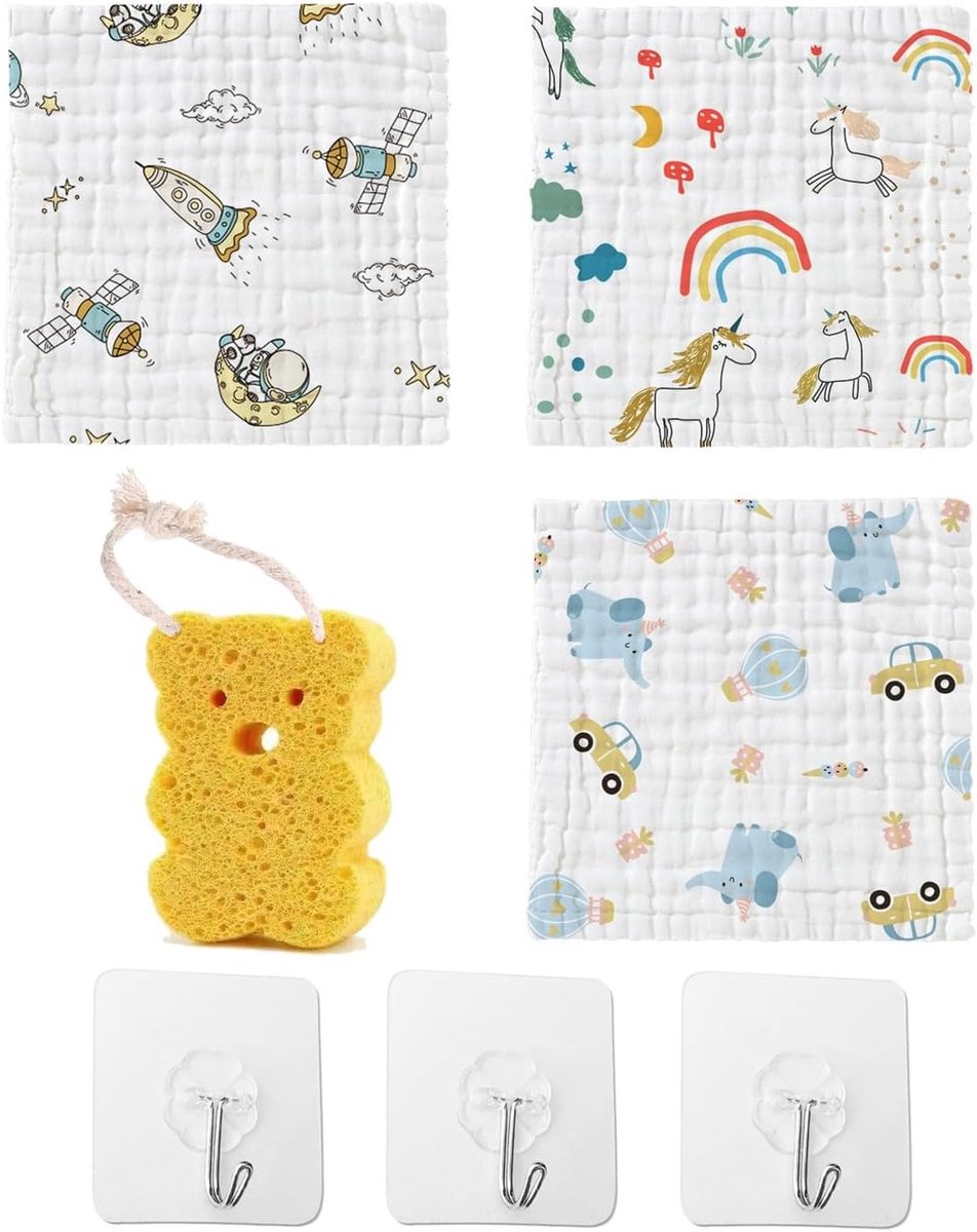 Set van 3 Katoenen Baby Wasdoeken, 1 Bad Spons voor Kinderen en 3 Hechthaken, Zachte Babydoeken, Multifunctioneel en Natuurlijk Katoen, Ideaal voor Babyverzorging en Badmomenten 25cm x 25cm