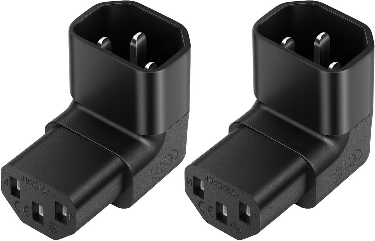 2 Stuks IEC C14 naar C13 Hoekstekker 90 Graden PVC 250V 10A voor Computer, Monitor en Printer - Zwart