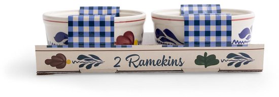 Set van 2 Boerenbont ramkinkjes in verpakking met blauw geblokte band.