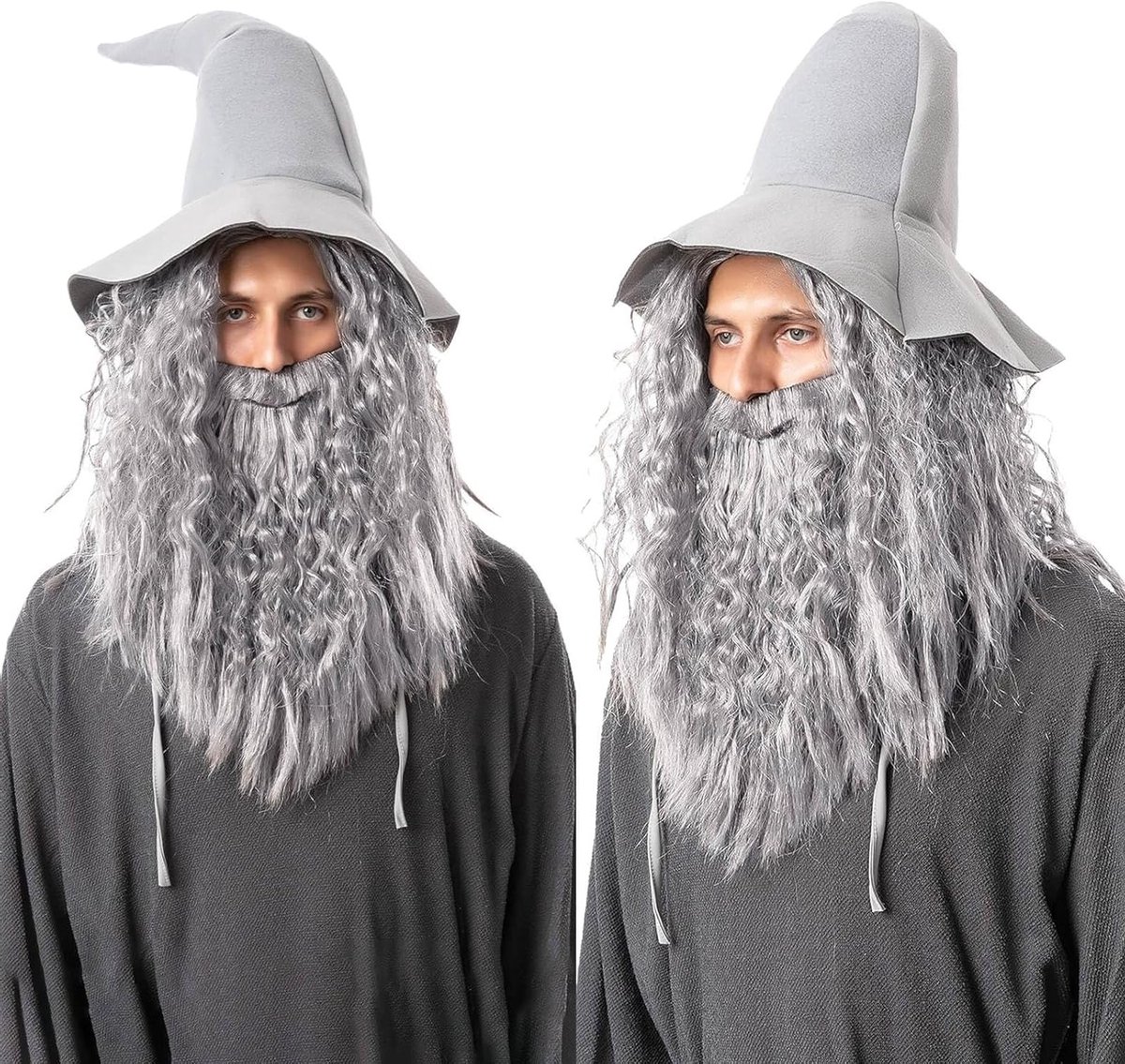 Lange Krullende Grijze Peruk en Baard voor Cosplay, Halloween en Feestelijke Kostuums met Fantasie Thema