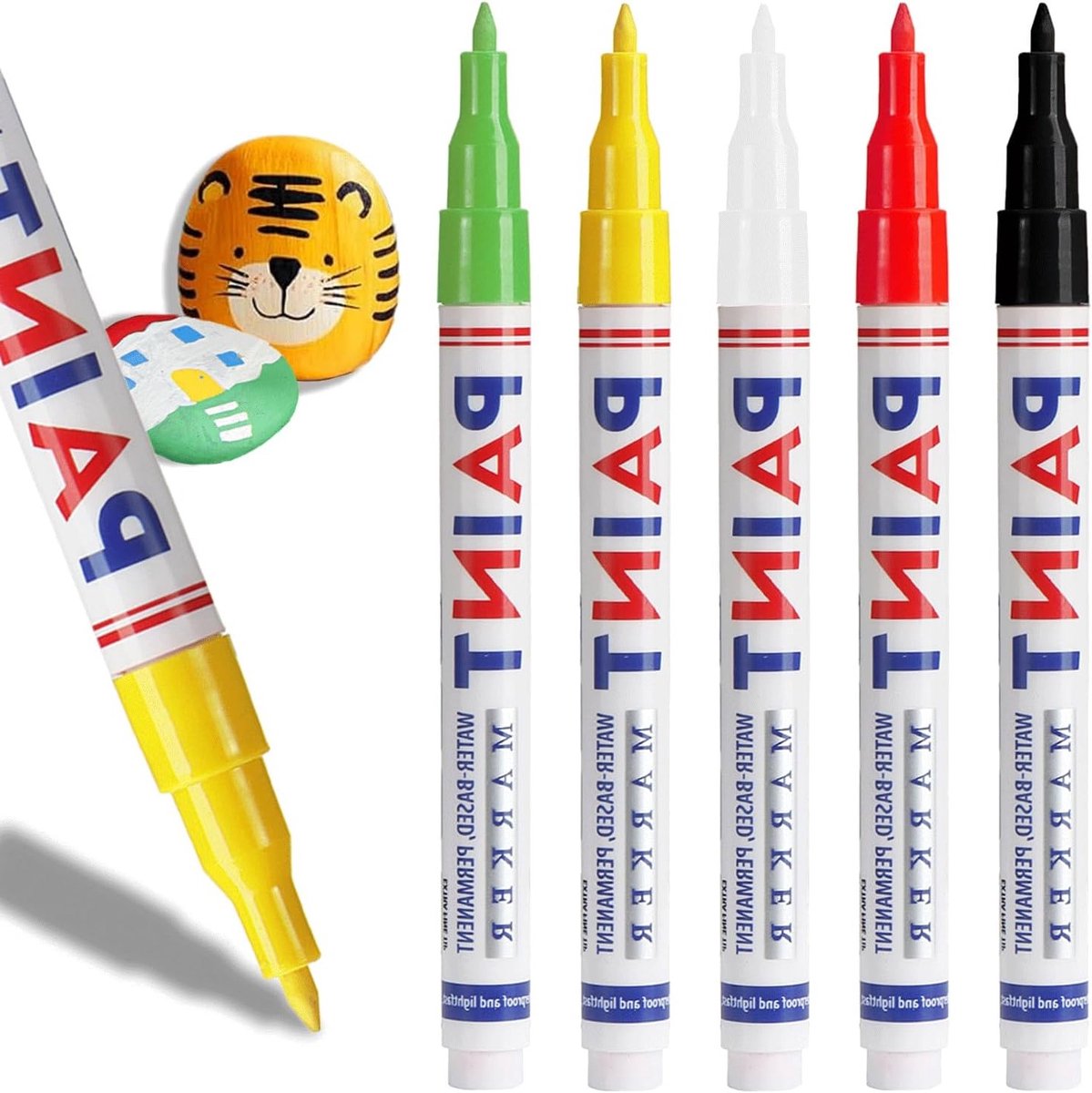 5 Verfmarkers 3 mm Permanent in Zwart, Wit, Geel, Groen en Rood - Watervaste Pennen voor Steen, Glas, Plastic en Hout