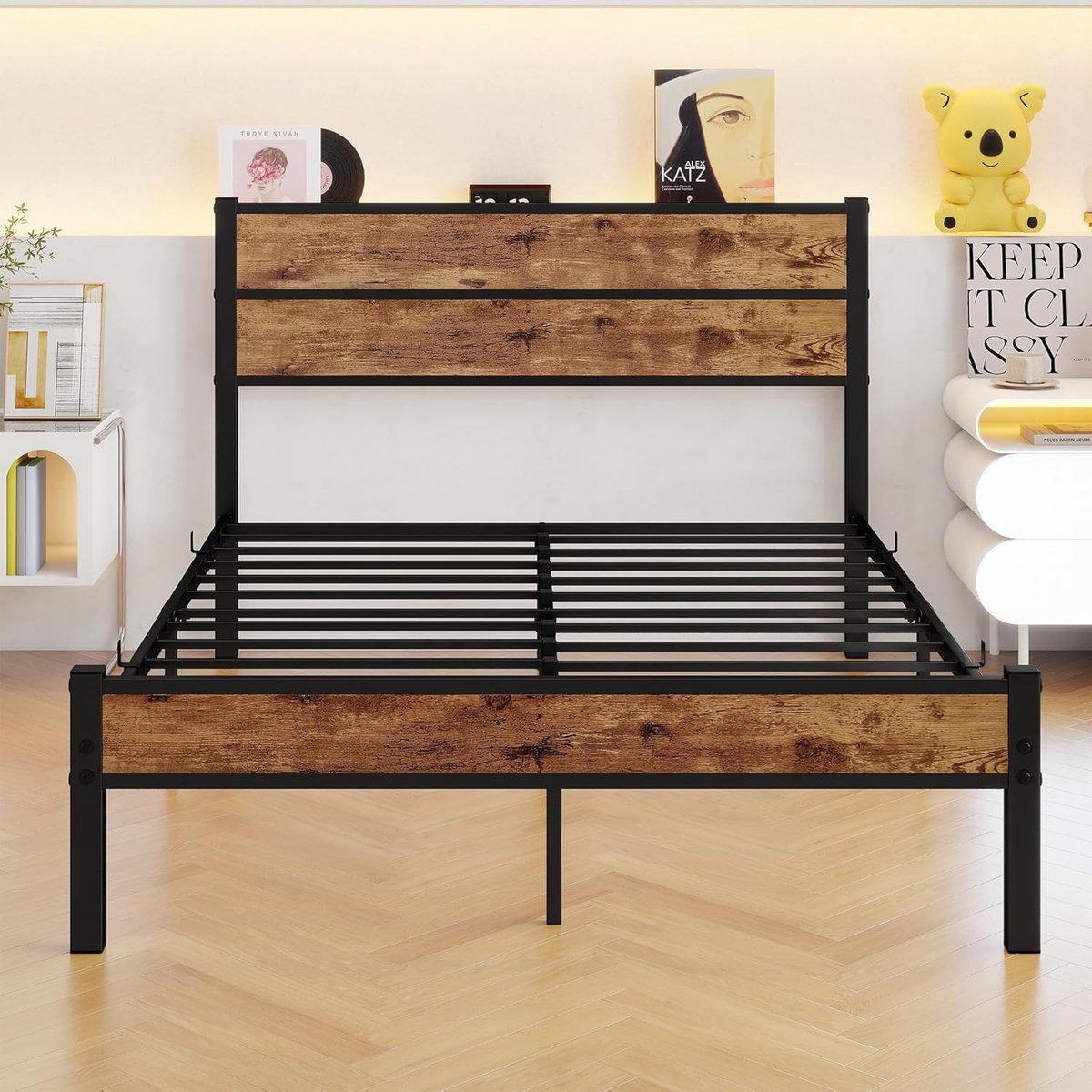 Industrieel Metalen Bedframe 120x200 cm - Luxe Twijfelaar met Houten Hoofdbord en XL Opbergruimte - Anti-Geluid Design