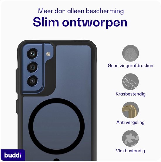 Donkerblauwe Samsung S21 FE met zwart hoesje. Iconen voor vingerafdruk-, kras-, slijtage- en vlekbestendigheid.