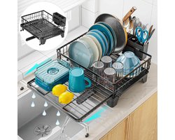GSlife Uitbreidbaar afdruiprek met afdruiprek - Multifunctionele 2-in-1 afdruiprekken voor aanrecht en gootsteen, grote gootsteen afdruiprek met 2 pansleuven en gebruiksvoorwerpenhouder, zwart