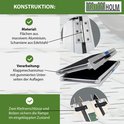 Detailopname van de constructie van de aluminium oprit met scharnieren en bevestigingen.