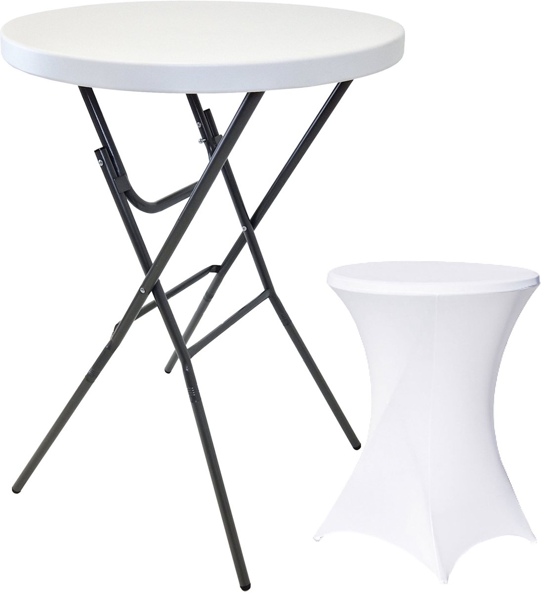 Hoge tafel met hoes Inklapbare feesttafel Ø 80 cm hoogte 110 cm in wit met onderhoudsvriendelijke hoes in wit
