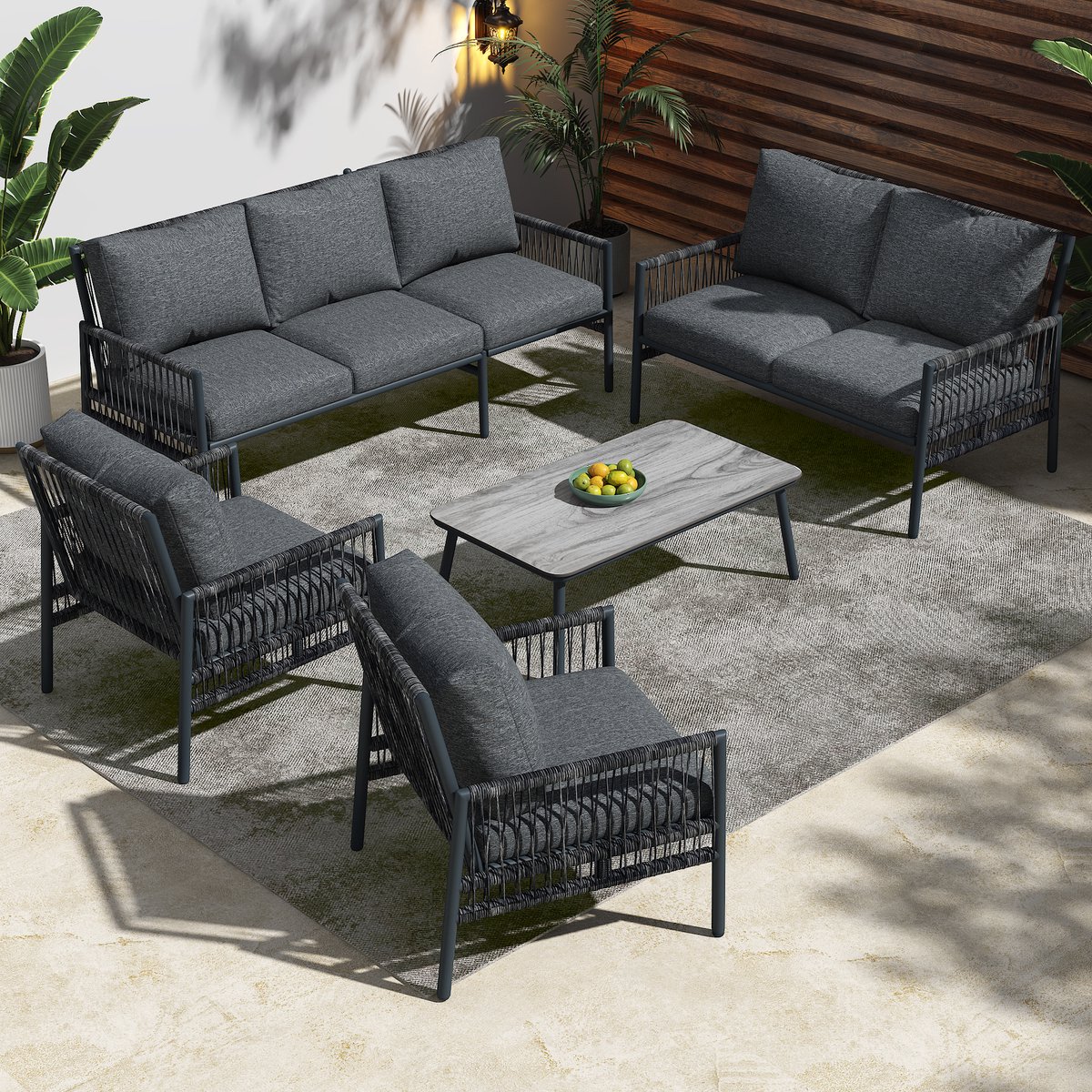 MIVRAY Tuinmeubelset 7-Zits - Loungeset Met Salontafel Voor Tuin En Terras - PE-Rattan En Gehard Glas - Grijs
