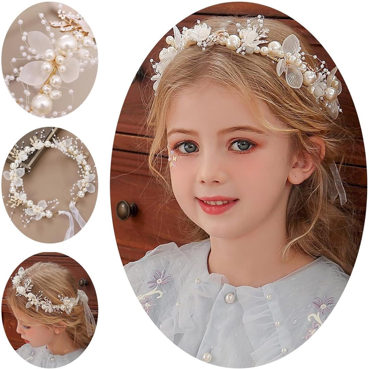 Elegante kroon en 5 haarclips voor communie meisjes - Witte haaraccessoires met parels voor bruiloft, feest en speciale gelegenheden