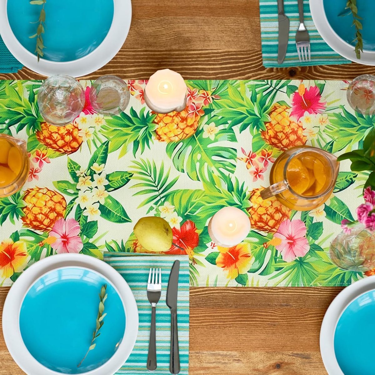 Zomertafelloper - Tropische tafelloper - Zomerse sfeer creëren - Ananas palmblad patroon - 33 x 183 cm - Geel