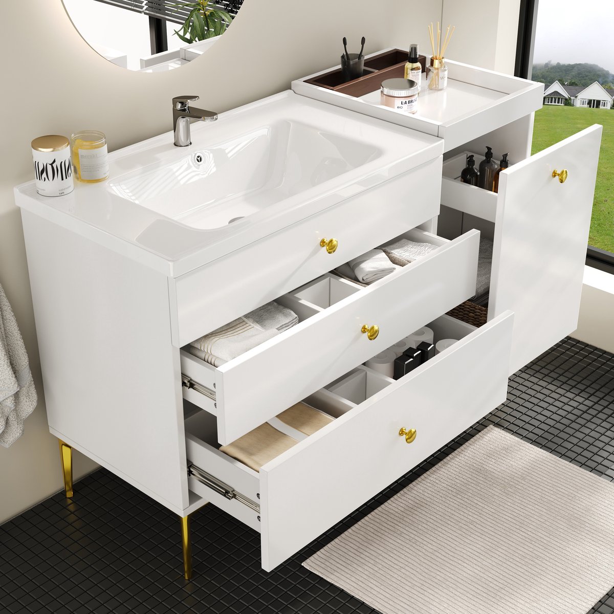 PHOEBE CAT Badkamermeubels - Badkamerkast - Met keramische wastafel - 3 lades - Metalen poten - Wit