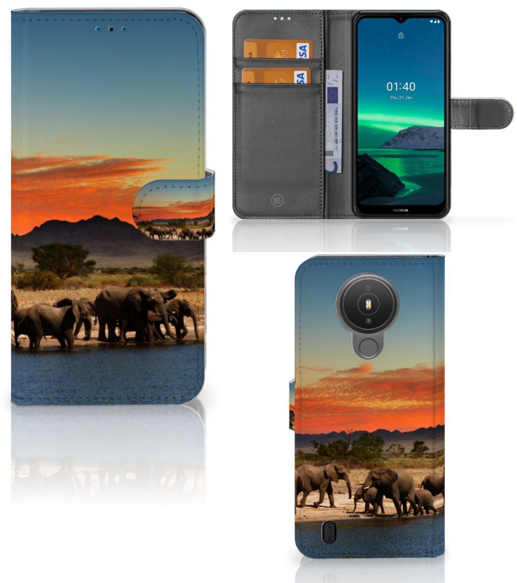 Nokia 1.4 Telefoonhoesje met Pasjes Olifanten