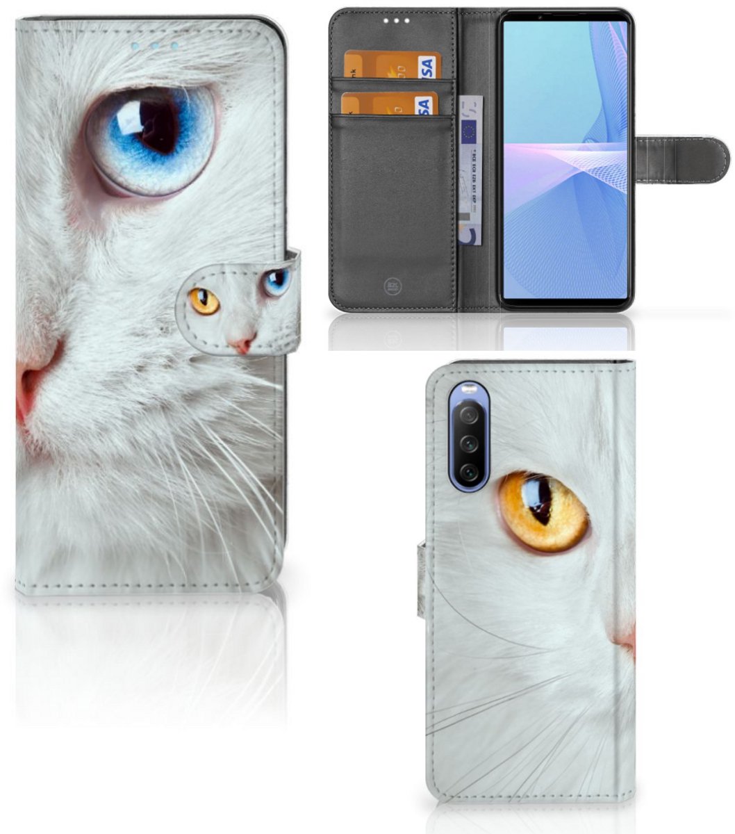 Sony Xperia 10 III Telefoonhoesje met Pasjes Witte Kat