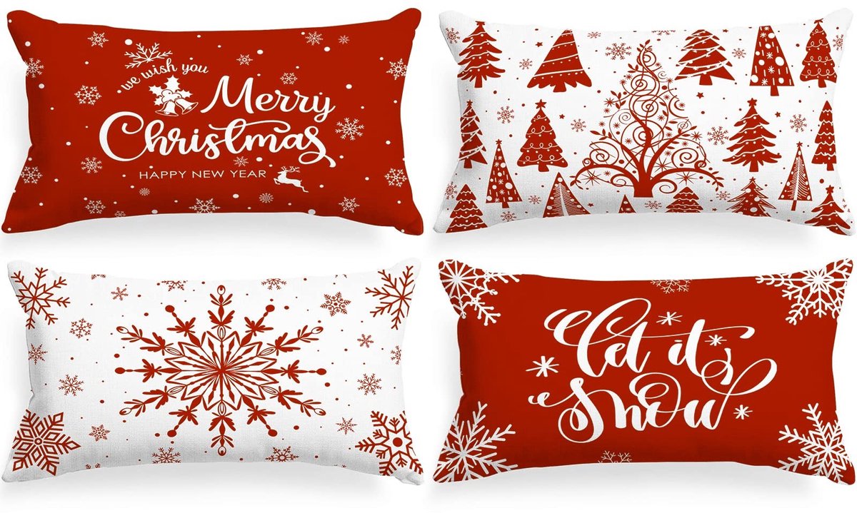 Cosensi - Kerst Kussens - Decoratieve Kussenhoezen - Winterse Sfeer - 30 x 50 cm - Set van 4 - Geschikt voor Woonkamer - Rood