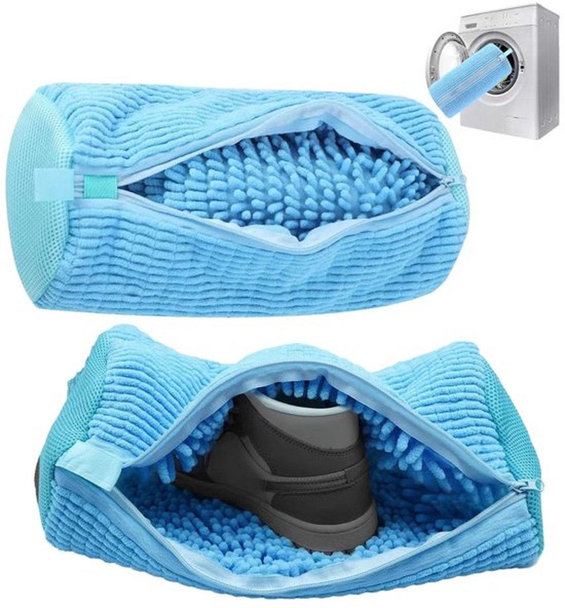2 stuks schoenentassen voor de wasmachine - Mesh waszak voor sneakers, herbruikbare waszak voor schoenen, verborgen rits, waszak voor sneakers, tennisschoenen en slippers van vezels, blauw