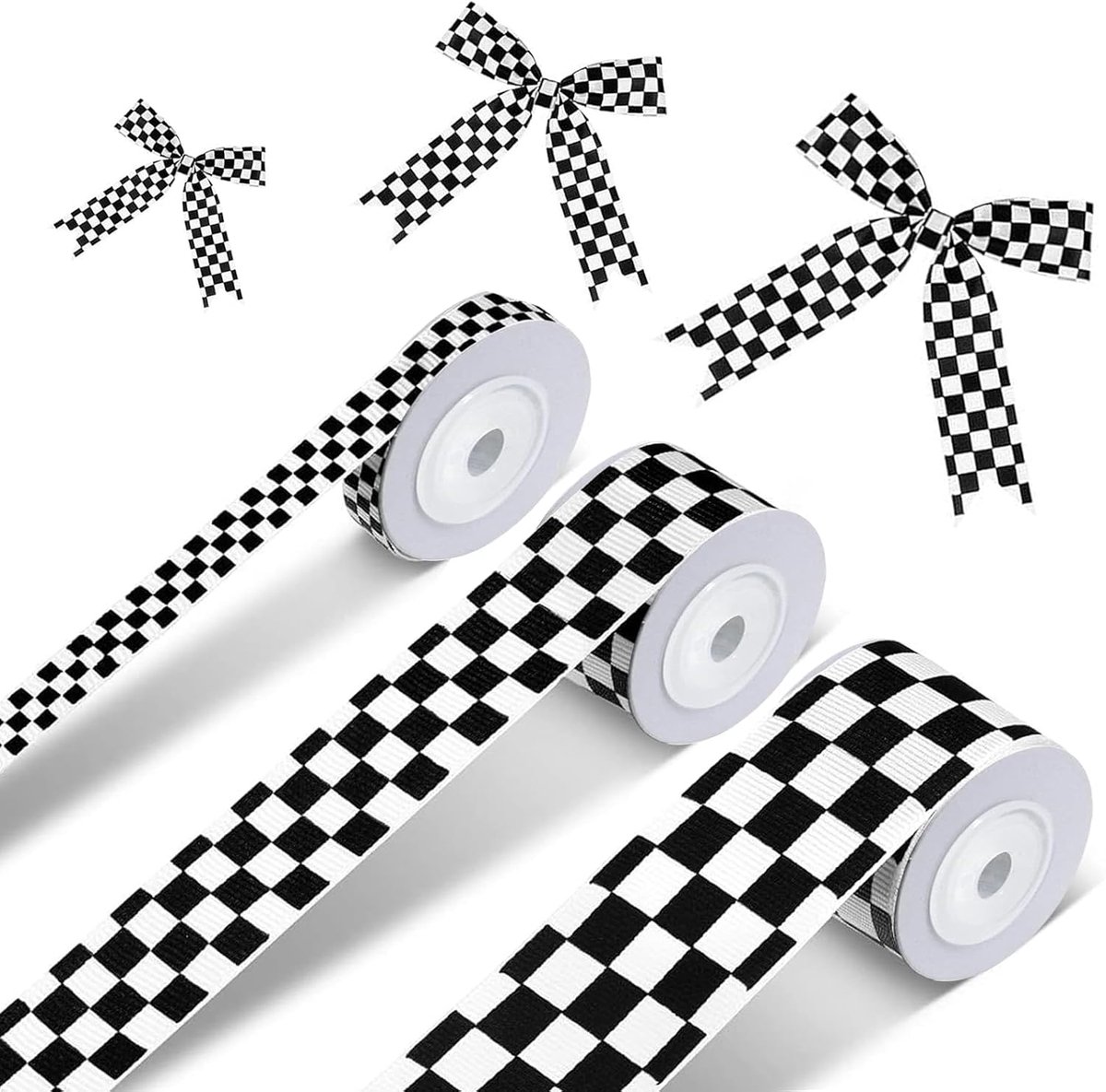 Daity 3 rollen zwart-wit geblokt lint - geblokt buffellint met racethema - geschikt voor knutselprojecten - doe-het-zelf-kransdecoraties voor feestjes en het inpakken van cadeaus (zwart-wit).