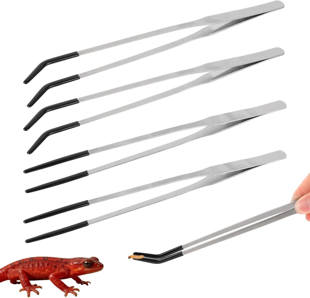 Reptielen Voertang Set - Pincetten Terrarium - Reptielen Voeren - Roestvrij Staal Rubberen Uiteinden - 27 cm - Zilver