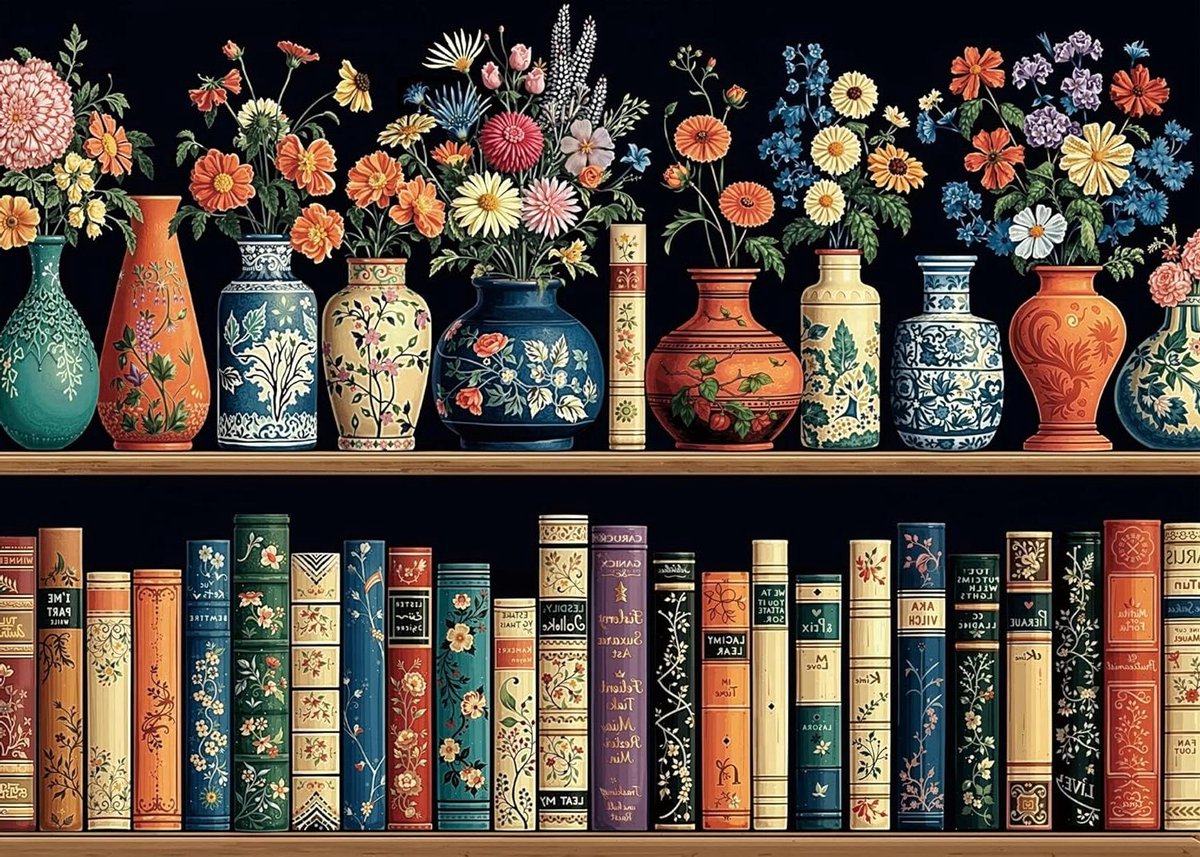 Boeken Bloemenpuzzel - Legpuzzel Bibliotheek Kunst - Ontspannen Focus - Precisie Vakmanschap - 1000 Stukjes - Tijdloze Bibliotheek