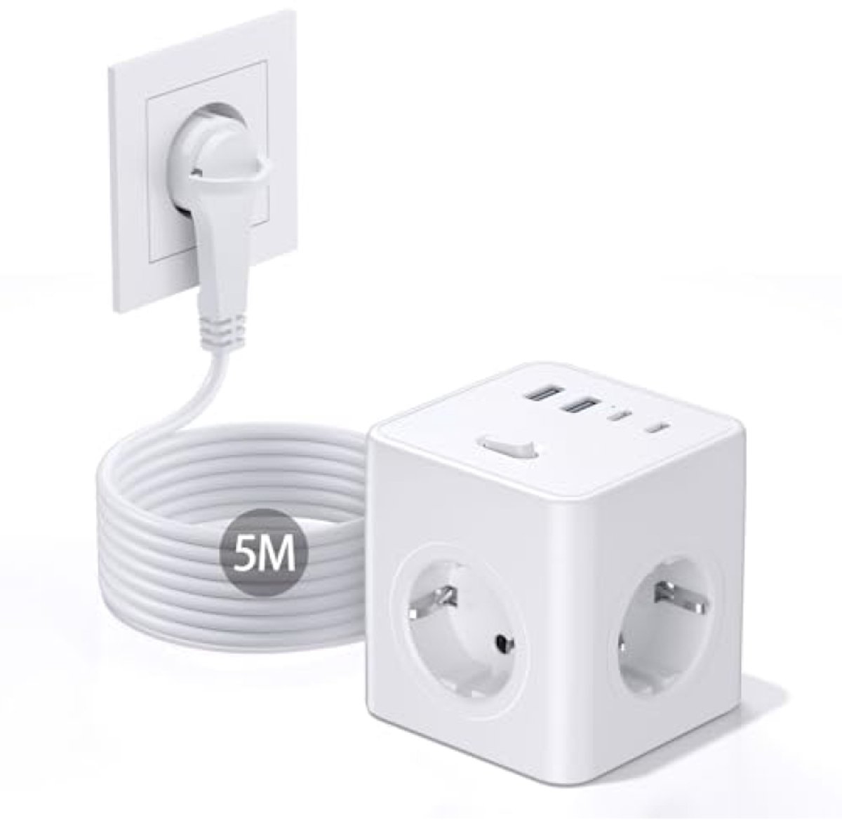 Compacte stekkerdoos met 4 stopcontacten en 4 USB-poorten