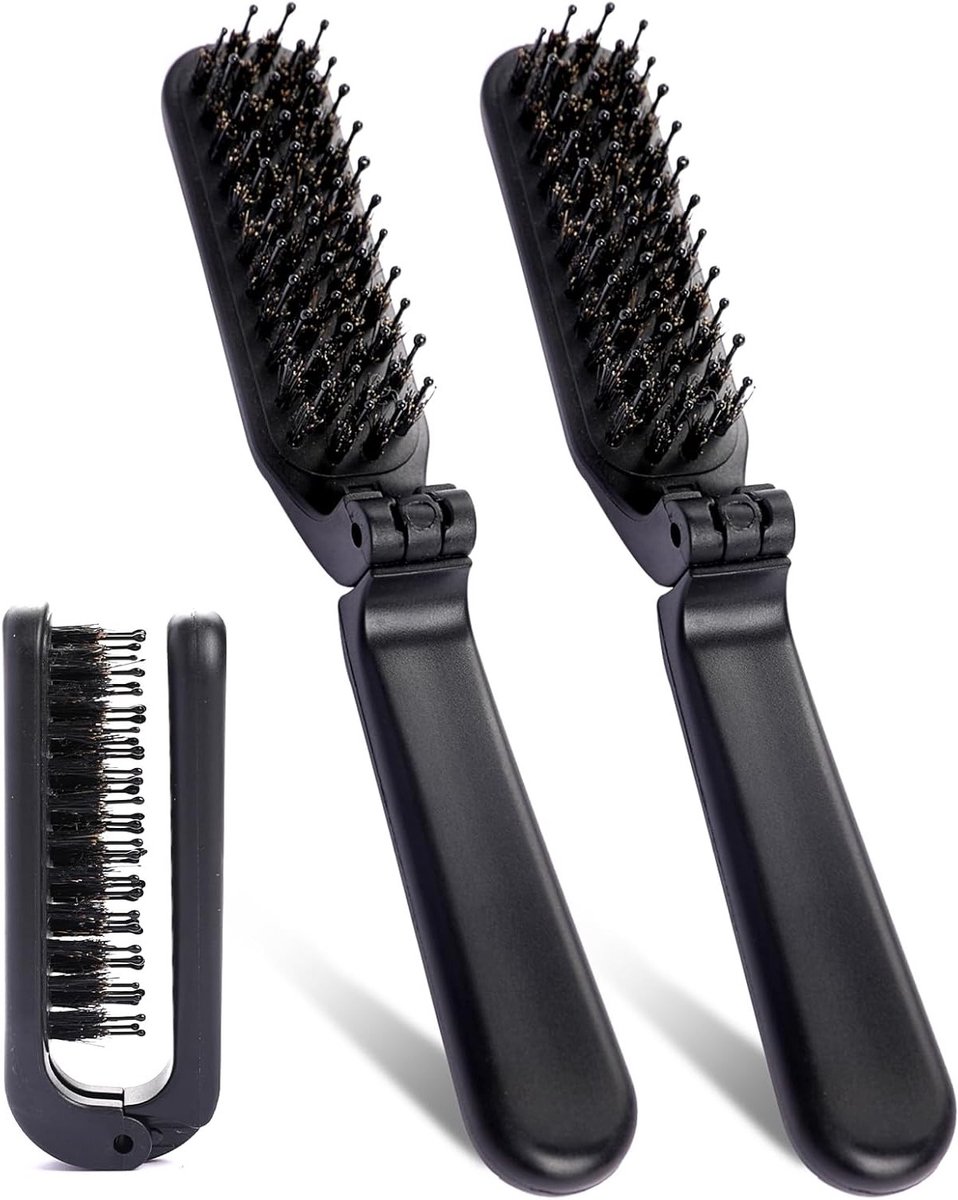 Vouwbare Reisborstel Set van 2, Compacte Mini Kam en Haarborstel met Natuurlijke Varkensharen en Nylon Haren, Ideaal voor Handtas, Auto en Sporttas