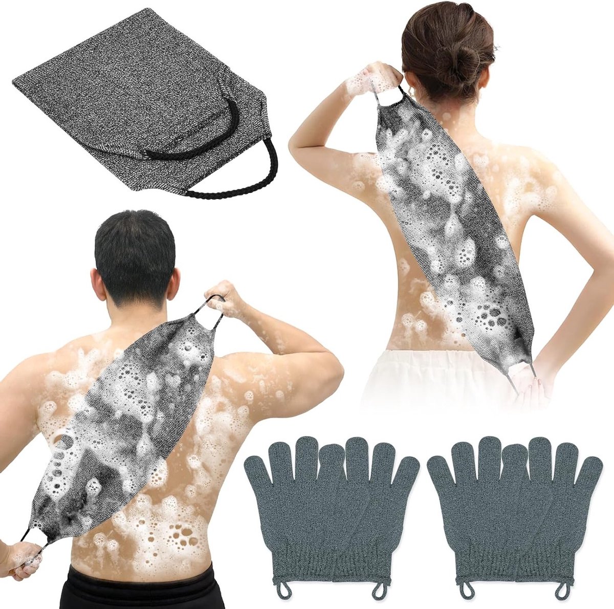 Exfoliërende Doucheruimen voor Lichaam, 5 Stuks Peeling Handschoenen voor Dode Huid Verwijdering, Ideaal voor Bad en Verzorging - Grijs