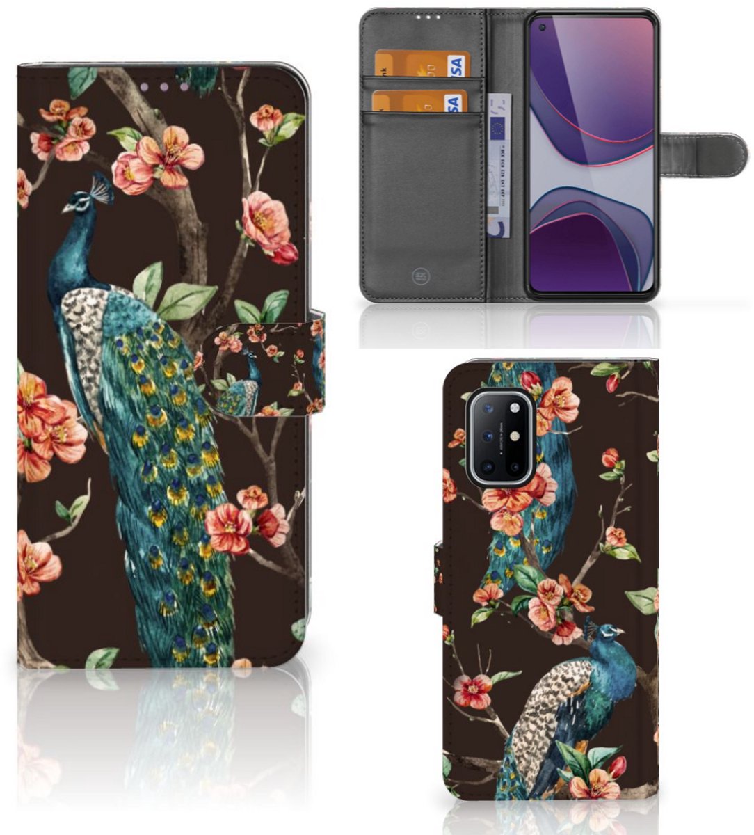 OnePlus 8T Telefoonhoesje met Pasjes Pauw met Bloemen