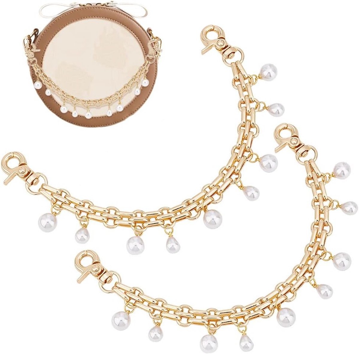 Decoratieve Tasriem Set van 2, 25 cm Lange Gouden Alloy Tas Chain met ABS Parels, Vervangende Handgreep voor Dames Crossbody en Schoudertassen