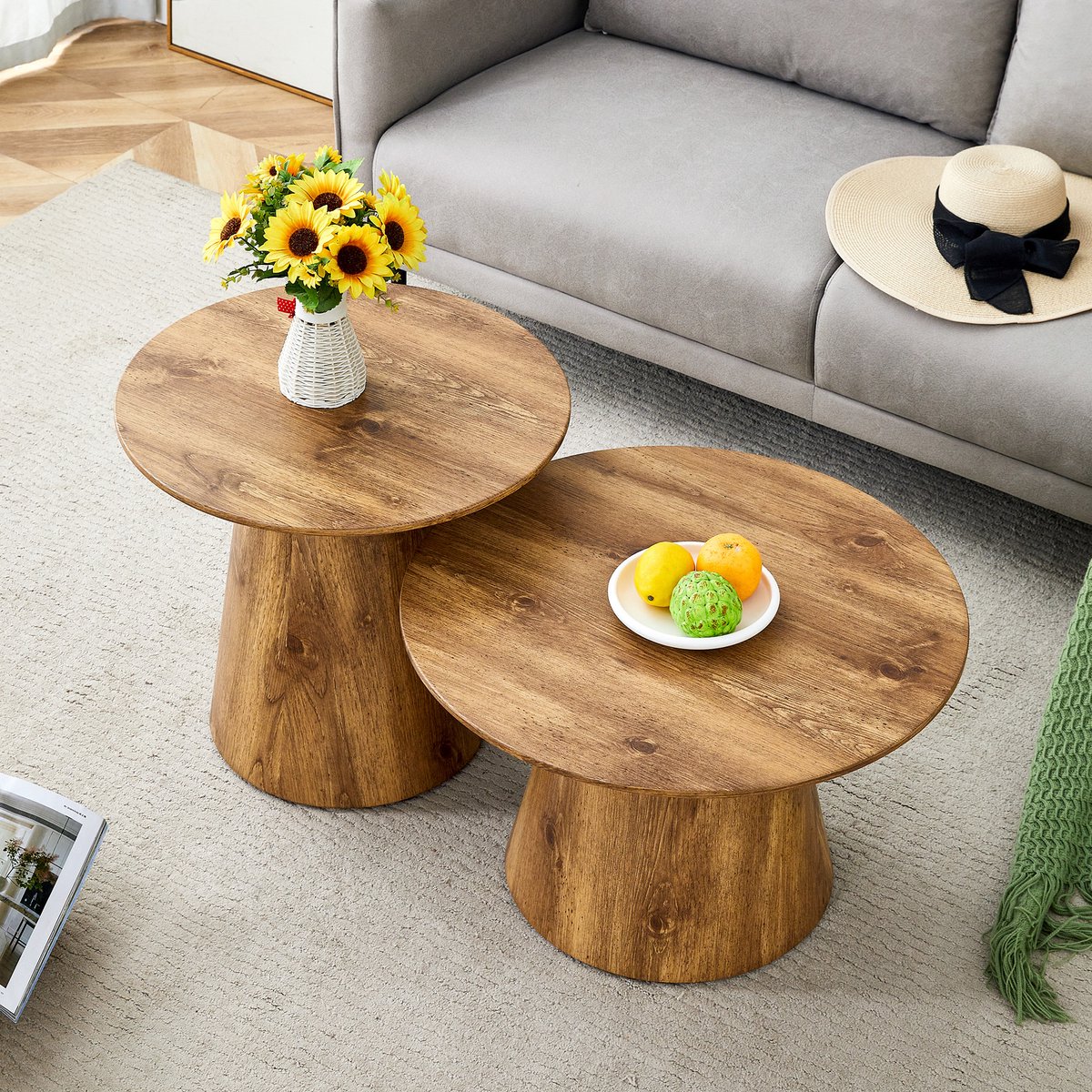 HAUSS SPOLE Salontafel Set - Ronde Bijzettafels - Nestbaar En Los Te Gebruiken - Voor Woonkamer En Lounge - MDF - Houtkleur