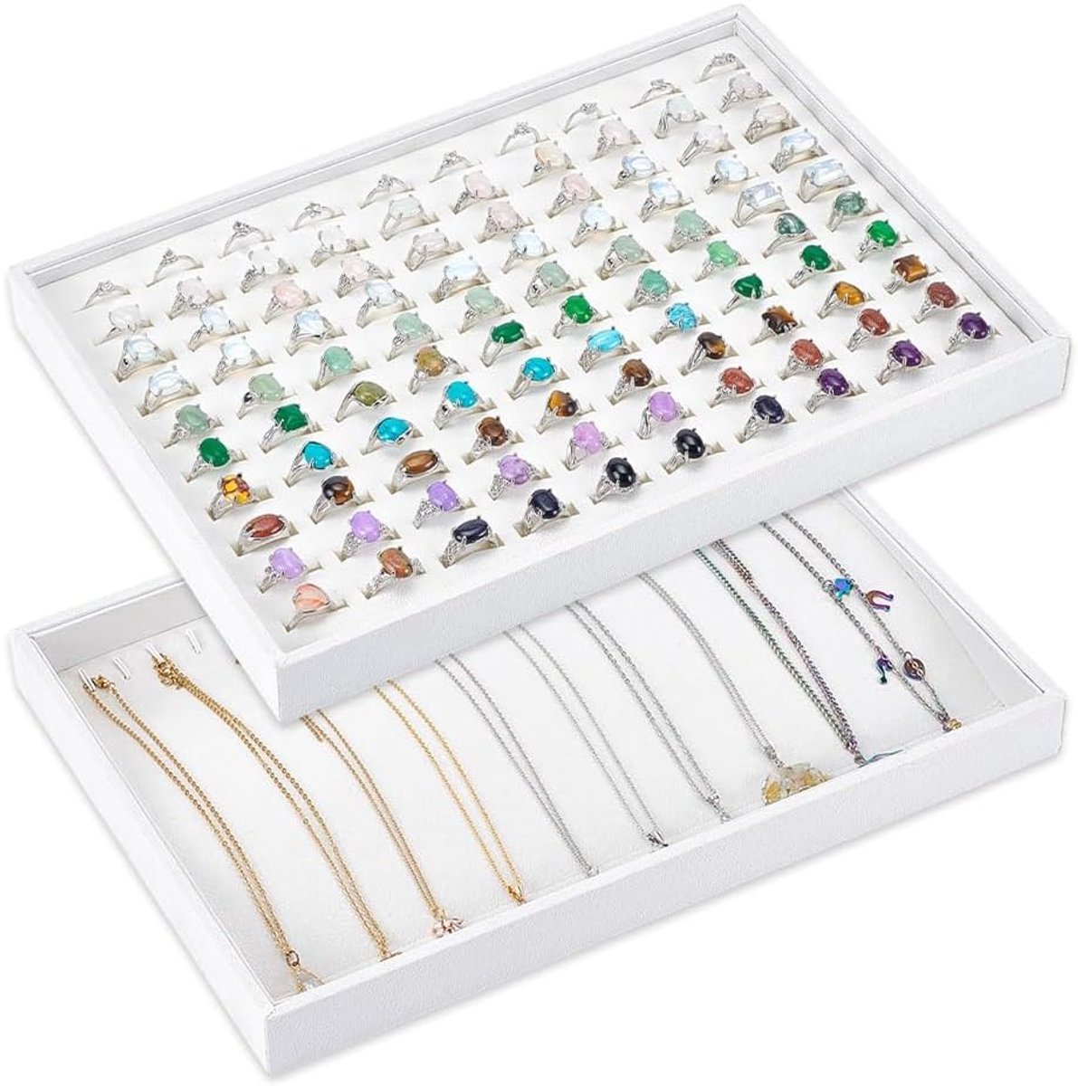 Set van 2 Sieraden Organizers - 20.5 x 33.5 cm Velvet Tray voor Ringen, Kettingen en Armbanden - Stapelbare Sieradenhouder voor Thuis, Laden en Winkels